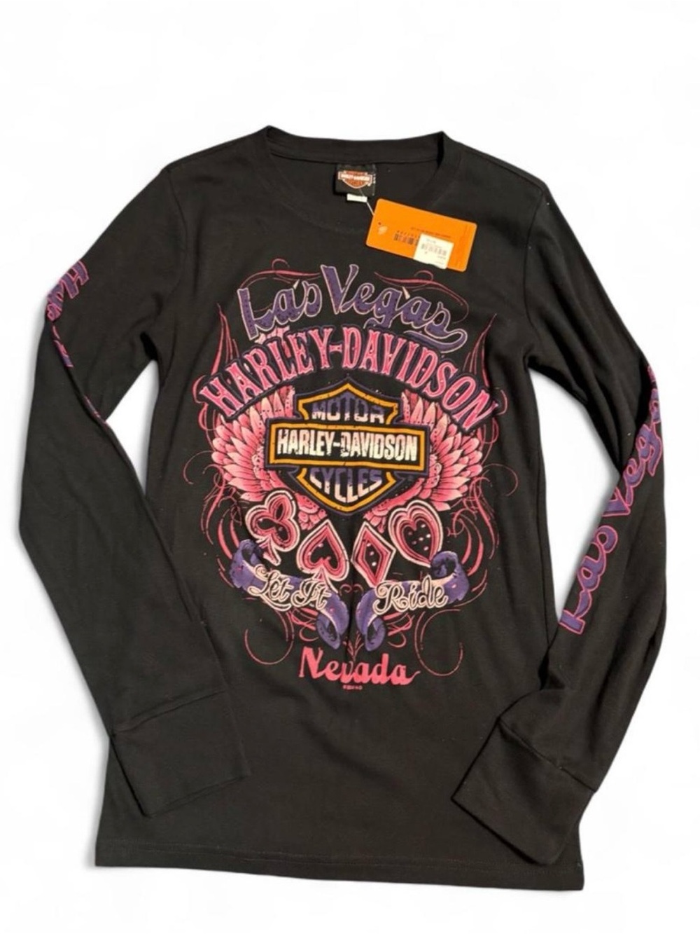 Harley-Davidson Black Womens Tee with Pink & Purple Las Vegas Graphics